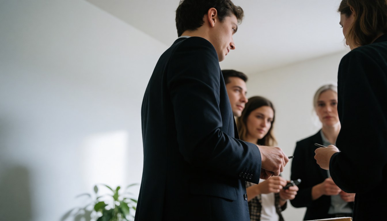 Salle de réunion épurée aux murs blancs avec éclairage soigné et espace pour texte à gauche. Groupe de professionnels en tenue de travail échangeant lors d'une session de formation.