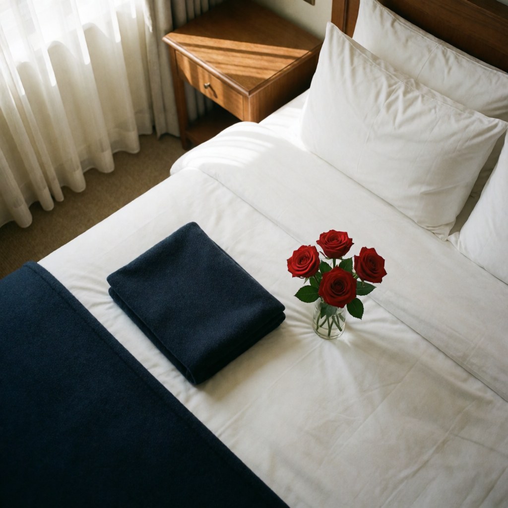 Lit d'hôtel avec draps blancs, nappe bleu marine et petit vase de roses rouges. Lumière naturelle par la fenêtre. Idéal pour voyages et repos.