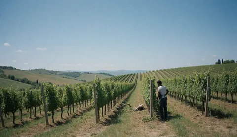 Paysage de vignoble italien sous un ciel bleu clair, avec des rangées de vignes s'étendant vers l'horizon et des montagnes en arrière-plan.