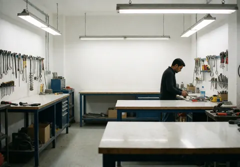 Espace de travail professionnel lumineux avec outils disposés sur une table en métal et bois, fond blanc.