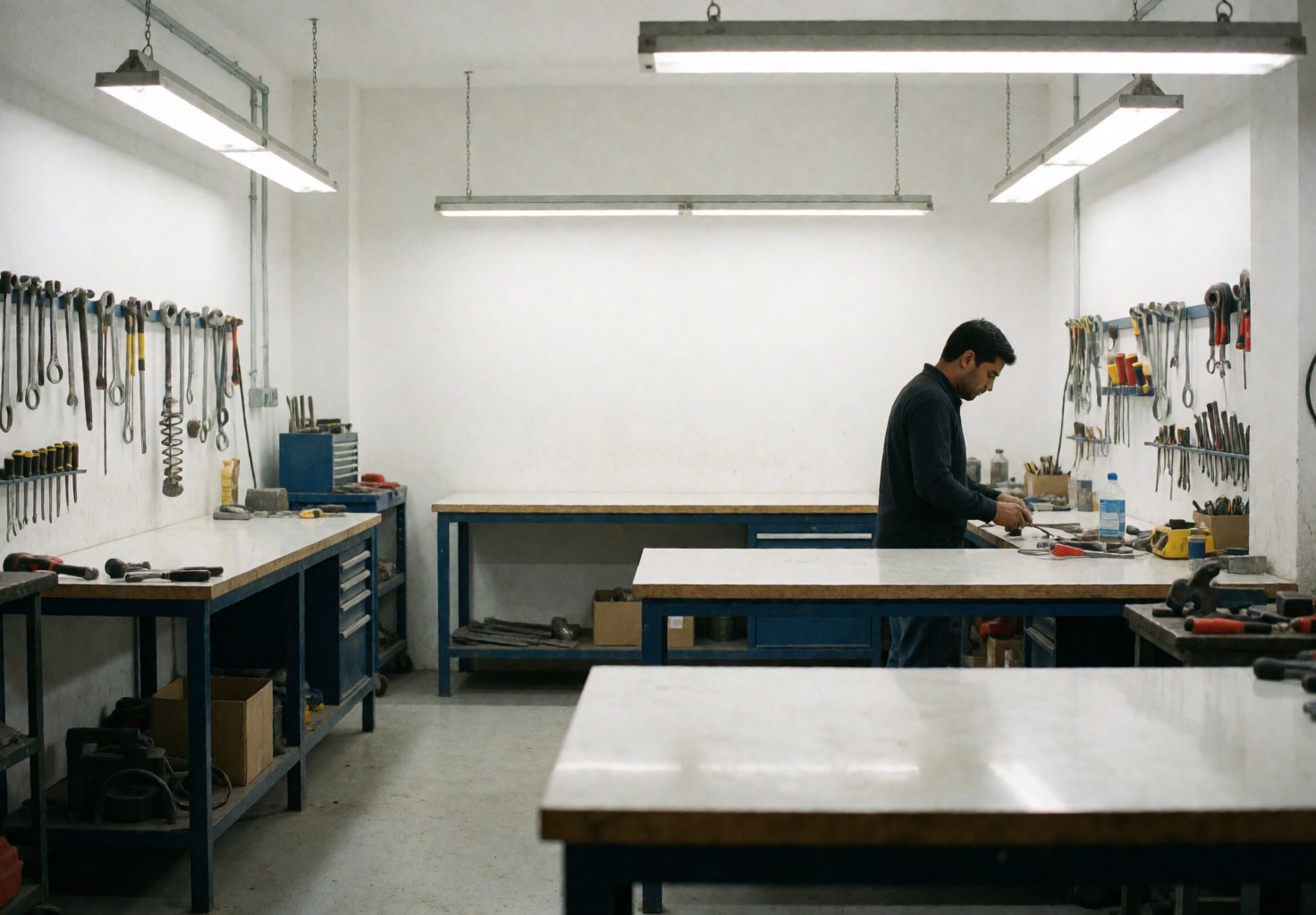 Espace de travail professionnel lumineux avec outils disposés sur une table en métal et bois, fond blanc.