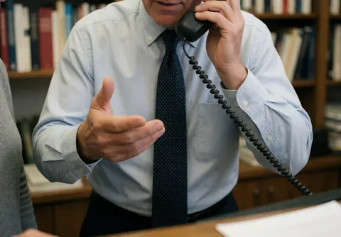Un homme en tenue professionnelle discute au téléphone dans un bureau avec des étagères en arrière-plan, illustrant un service client actif.