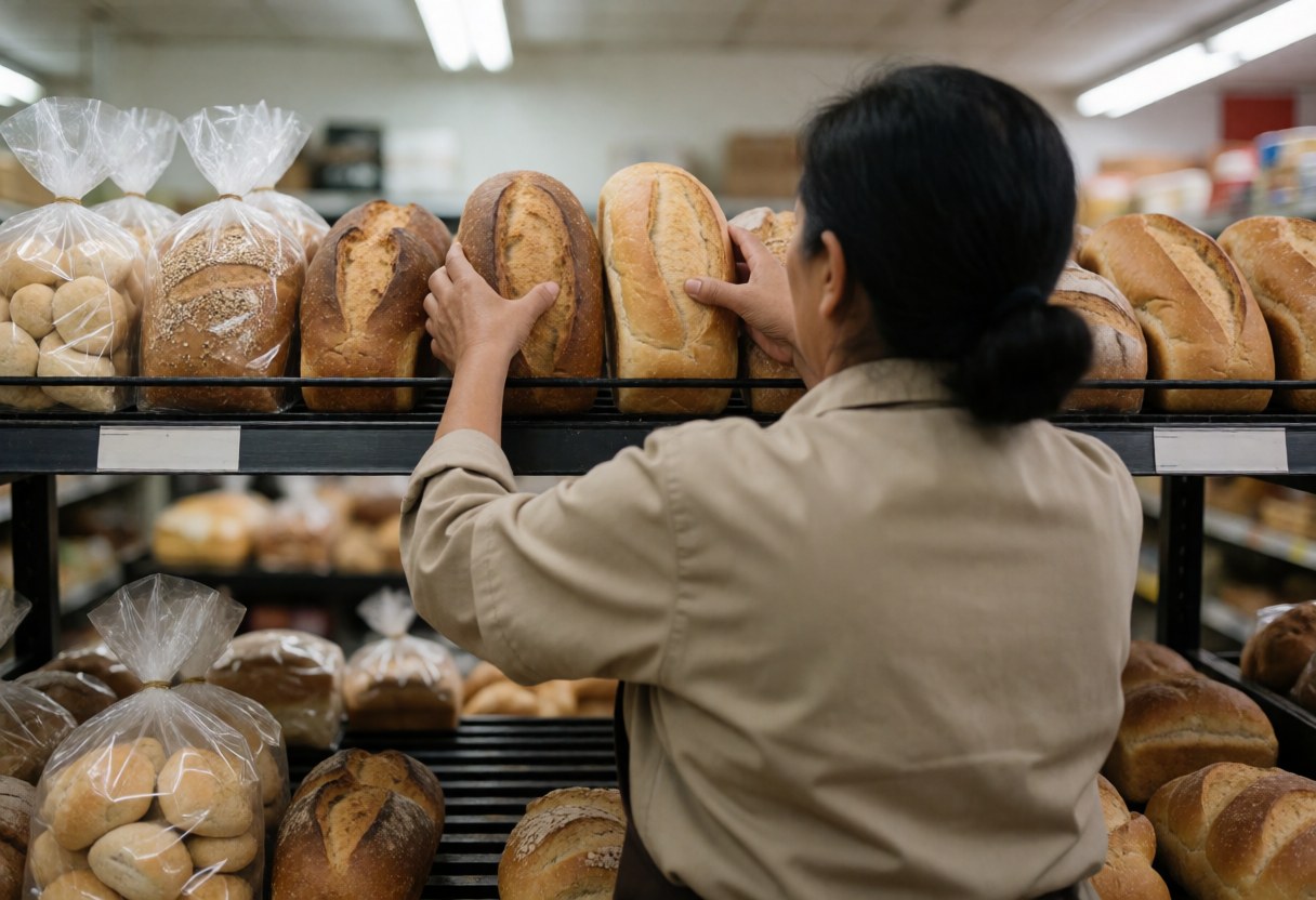 Une femme travaille dans un minimarket en rangeant du pain frais sur une étagère. L'éclairage est doux et l'ambiance réaliste met en valeur le produit.