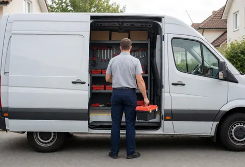 Un technicien professionnel saisit une caisse d'outils depuis un camion blanc stationné sur une rue résidentielle ensoleillée.