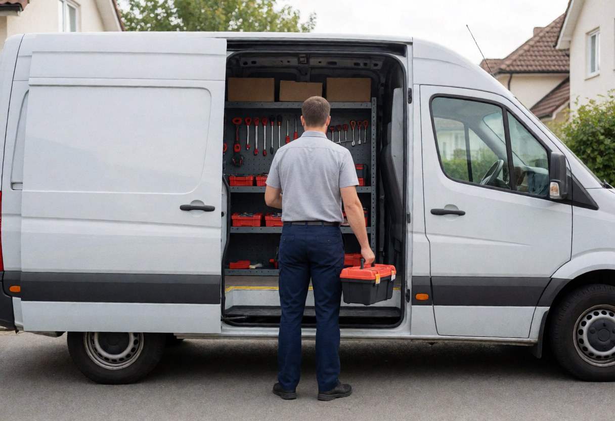 Un technicien professionnel saisit une caisse d'outils depuis un camion blanc stationné sur une rue résidentielle ensoleillée.