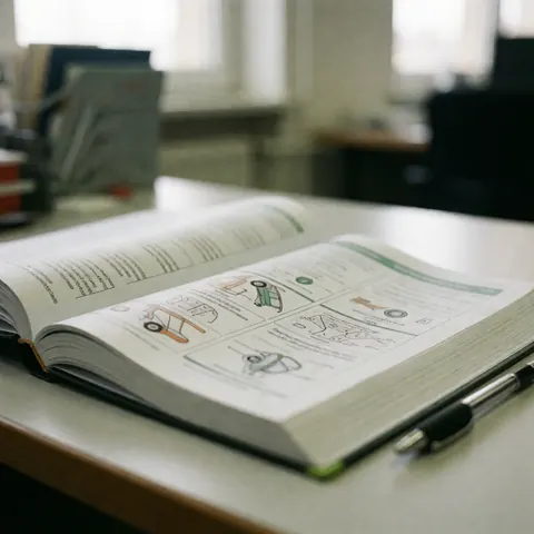 Manuel de théorie de la conduite ouvert sur un bureau avec des diagrammes illustrés et un crayon à côté, éclairé par la lumière naturelle.