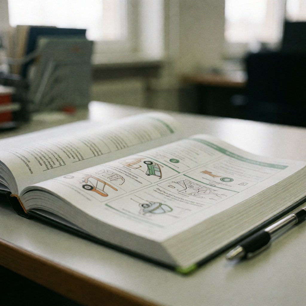 Manuel de théorie de la conduite ouvert sur un bureau avec des diagrammes illustrés et un crayon à côté, éclairé par la lumière naturelle.