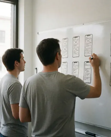Deux développeurs en bureau, l'un trace des maquettes d'application sur un tableau blanc, l'autre observe, lumière naturelle par la fenêtre, tenue grise, ambiance startup réaliste.