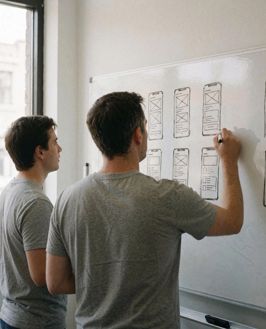 Deux développeurs en bureau, l'un trace des maquettes d'application sur un tableau blanc, l'autre observe, lumière naturelle par la fenêtre, tenue grise, ambiance startup réaliste.