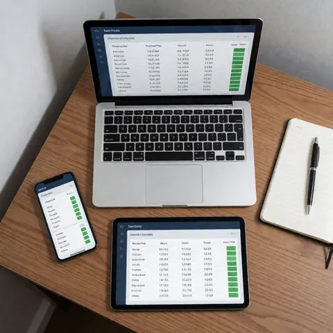 Vue de dessus d'un bureau en bois avec un ordinateur portable, un téléphone et une tablette montrant des indicateurs verts sur des écrans, symbolisant la technologie et les startups.