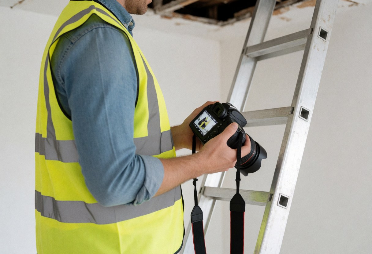 Un inspecteur en gilet réfléchissant examine des photos prises lors d'une évaluation de travaux sur un chantier avec une caméra reflex.