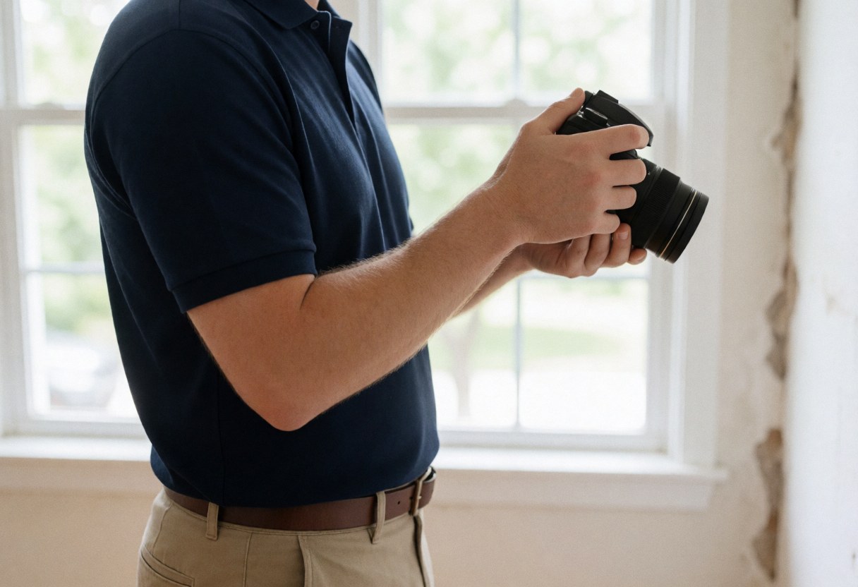 Un inspecteur en tenue professionnelle prend des photos d'un mur abîmé à l'intérieur d'une résidence, avec une lumière naturelle entrant par une fenêtre.