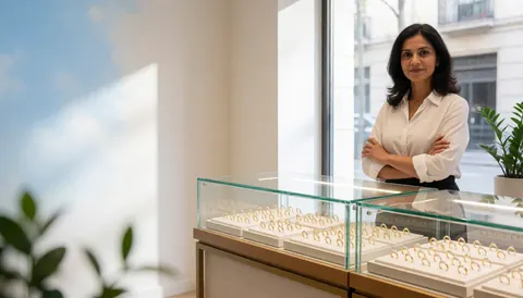 Vue de la devanture d'une boutique de bijoux contemporaine avec une grande vitrine et un espace réservé pour le texte