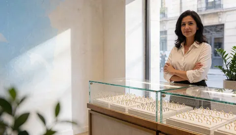 Vue de la devanture d'une boutique de bijoux contemporaine avec une grande vitrine et un espace réservé pour le texte