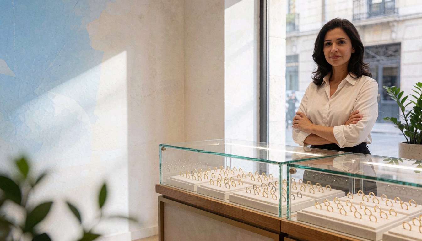 Vue de la devanture d'une boutique de bijoux contemporaine avec une grande vitrine et un espace réservé pour le texte