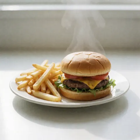 Un hamburger appétissant servi sur une assiette blanche avec des frites dorées, posé sur une table en bois.