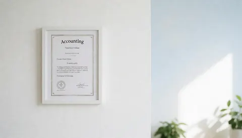 Cadre de certificat de comptabilité accroché à un mur blanc éclairé par la lumière naturelle avec espace vide à droite pour texte.