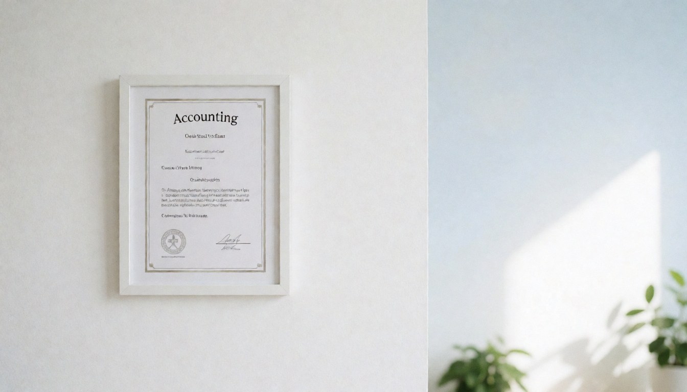 Cadre de certificat de comptabilité accroché à un mur blanc éclairé par la lumière naturelle avec espace vide à droite pour texte.