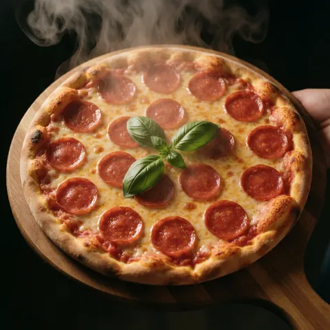 Pizza chaude au pepperoni, fromage fondu et basilic frais sur une planche en bois avec vapeur et éclairage chaleureux.