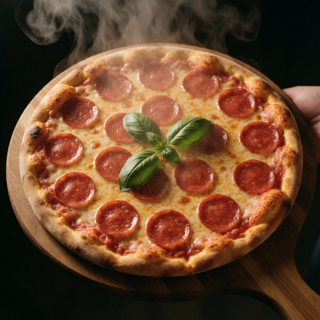 Pizza chaude au pepperoni, fromage fondu et basilic frais sur une planche en bois avec vapeur et éclairage chaleureux.