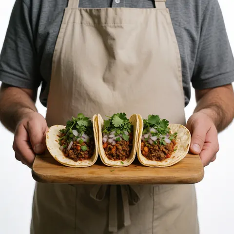 Des tacos frais disposés sur une planche en bois, accompagnés de coriandre et d'oignon, prêts à être servis.