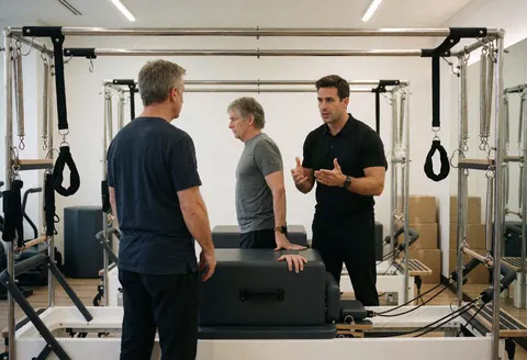 Un instructeur explique un exercice à un client sur une machine reformer dans un gymnase moderne avec éclairage clinique.