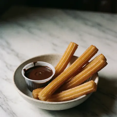 Des churros croustillants et dorés disposés sur une assiette en marbre blanc, accompagnés d'une tasse de chocolat chaud pour la dégustation.