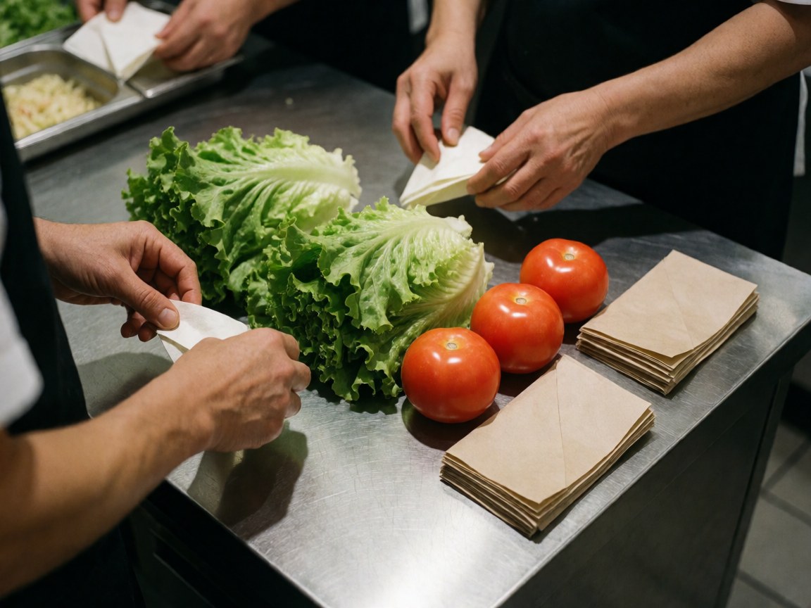 Mains de travailleurs préparant des plats rapides sur une table en acier inoxydable avec laitue, tomates et emballages. Scène propre et professionnelle.