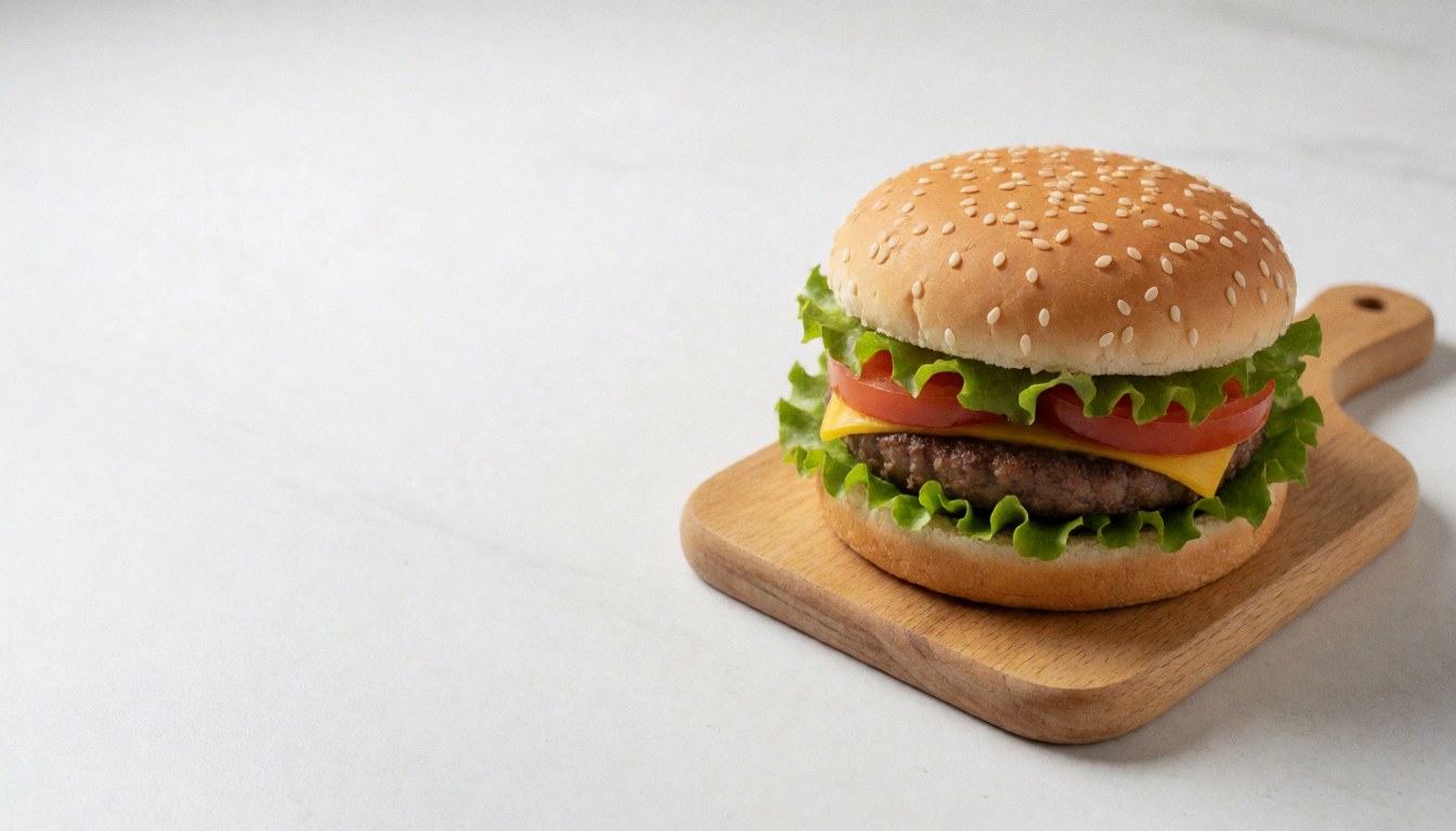 Un hamburger avec laitue, tomate et fromage posé sur une planche en bois, sur fond blanc, idéal pour menus et bannières de restauration rapide.