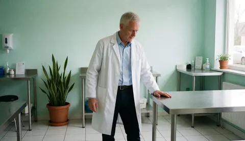 Un physiothérapeute senior se tient dans une clinique moderne équipée de tables en acier, d'une plante verte et d'un environnement lumineux et apaisant.
