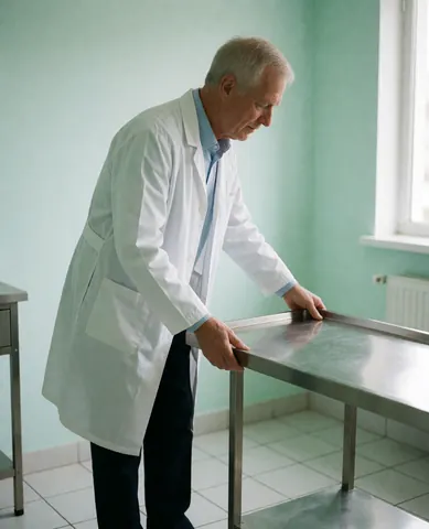 Un professionnel ajuste une table de traitement dans une clinique aux murs verts et au sol carrelé, baignée de lumière naturelle.