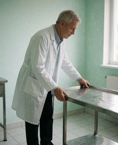 Un professionnel ajuste une table de traitement dans une clinique aux murs verts et au sol carrelé, baignée de lumière naturelle.
