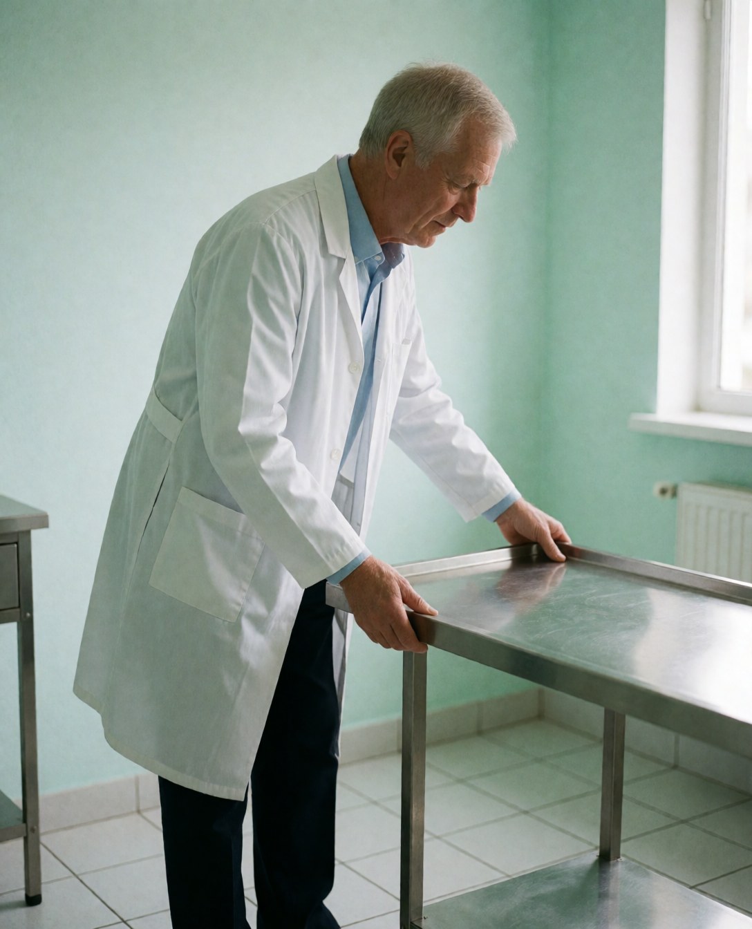 Un professionnel ajuste une table de traitement dans une clinique aux murs verts et au sol carrelé, baignée de lumière naturelle.