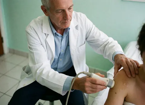 Application professionnelle d'ultrasons pour un traitement thérapeutique en physiothérapie.
