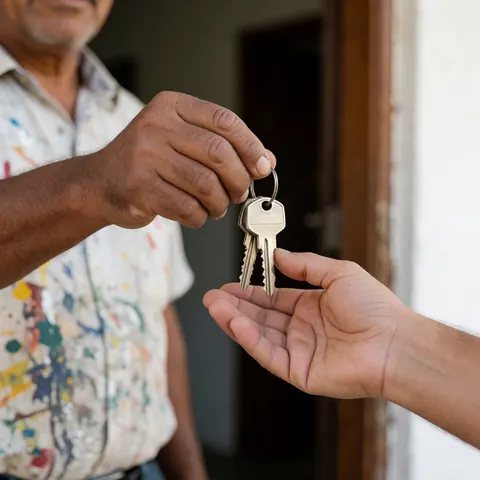 Un peintre en tenue de travail tache remet les clés à un client devant la porte d'une maison, marquant la fin du chantier.