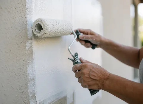 Des mains utilisent un rouleau pour appliquer de la peinture blanche sur un mur à texture visible, éclairé par une lumière naturelle, illustrant un travail de peinture intérieur professionnel.