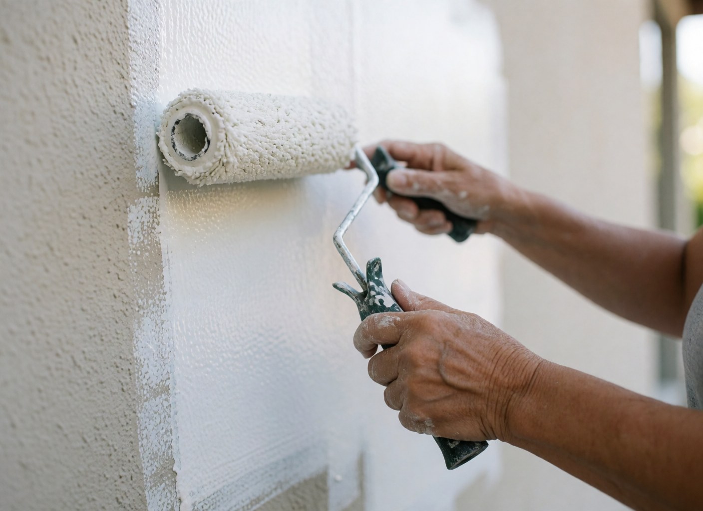 Des mains utilisent un rouleau pour appliquer de la peinture blanche sur un mur à texture visible, éclairé par une lumière naturelle, illustrant un travail de peinture intérieur professionnel.