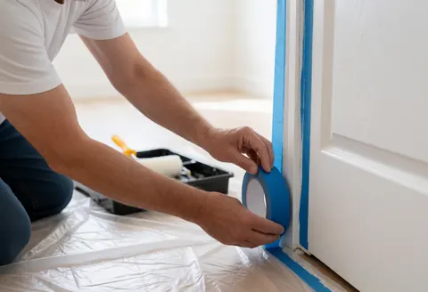Une main pose du ruban de masquage bleu sur un encadrement de porte, préparant la surface pour une peinture intérieure avec des outils et des matériaux de protection visibles.
