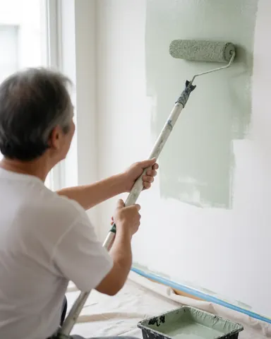 Un peintre professionnel utilise un rouleau pour appliquer de la peinture verte sauge sur un mur intérieur, au-dessus d'une bâche de protection, dans un environnement clair et propre.