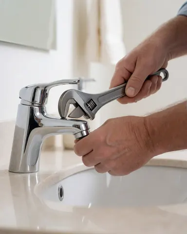 Mains d'un plombier ajustant un robinet chromé avec une clé à molette lors d'une installation ou réparation en salle de bain.