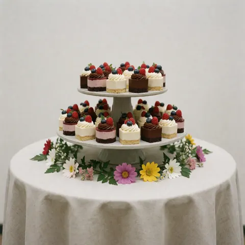 Petits desserts à la crème, au chocolat et aux fruits disposés sur une étagère, posée sur une table avec nappe et fleurs, idéal pour le catering.