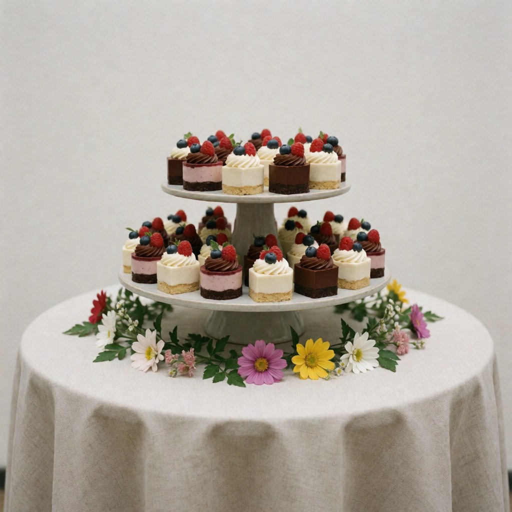 Petits desserts à la crème, au chocolat et aux fruits disposés sur une étagère, posée sur une table avec nappe et fleurs, idéal pour le catering.