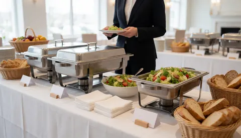 Buffet corporatif avec plats chauds, salades fraîches, pain dans des paniers et serviettes blanches dans un salon lumineux et élégant.