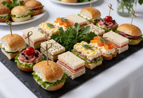 Assiette en pierre sombre garnie de canapés et mini-hamburgers décorés d'herbes fraîches, tomates cerises et poivrons, sur table blanche avec éclairage doux pour événements et traiteur.