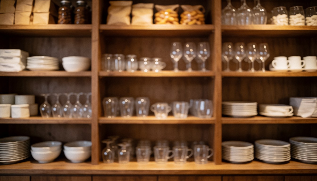 Arrière-plan flou montrant des étagères en bois contenant de la vaisselle, de la verrerie et des couverts pour un restaurant ou une entreprise.