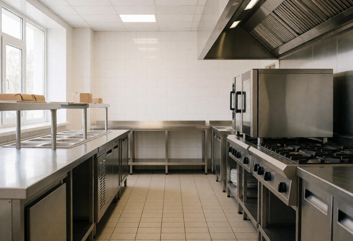 Cuisine professionnelle vide équipée d'appareils en acier inoxydable, murs carrelés de blanc et sol dallé, éclairage lumineux et propre.