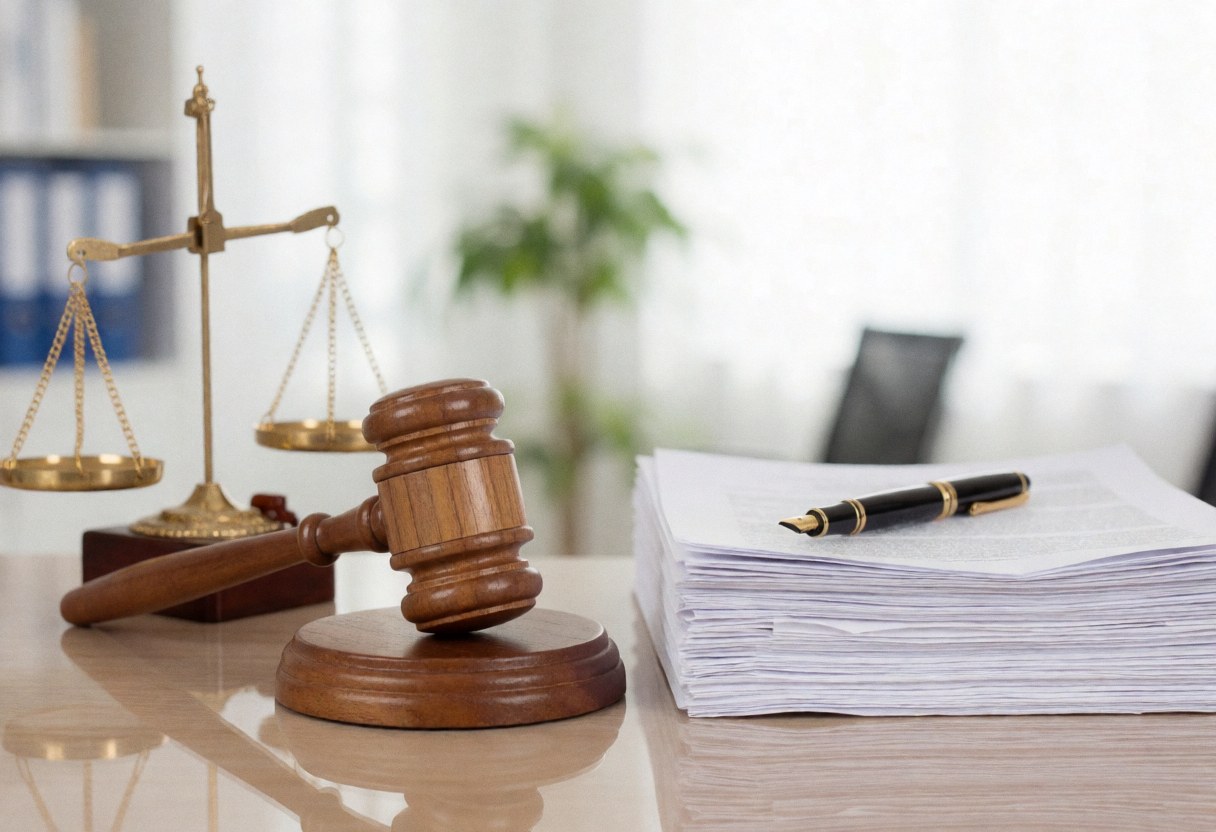 Marteau de juge et balance posés sur un bureau en bois clair avec documents et stylo, évoquant le droit et l'éthique professionnelle.