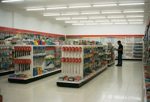 Vue intérieure d'une boutique de bricolage avec des étagères remplies d'outils, un client examine les produits et le sol est carrelé de blanc.