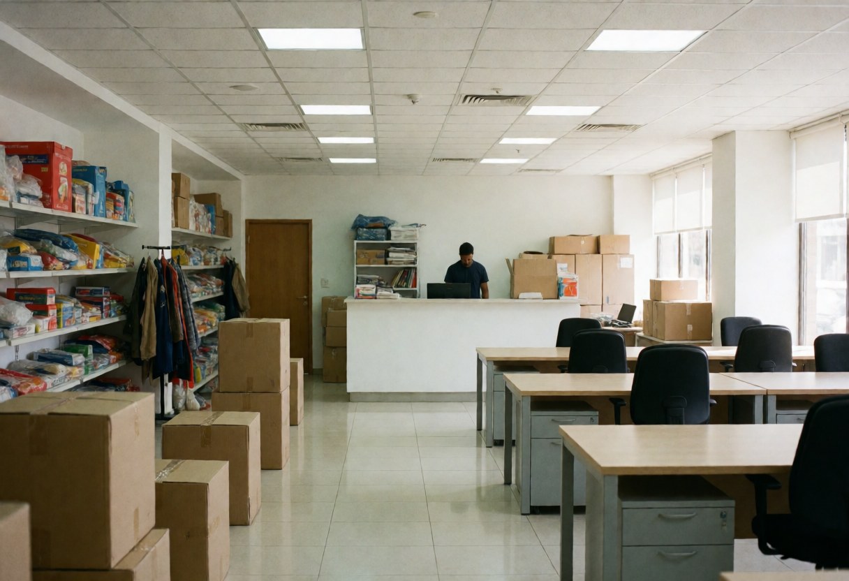 Bureau de déménagement propre et bien éclairé avec des caisses, des bureaux, des chaises et une personne travaillant à la réception. Ambiance professionnelle et ordonnée.