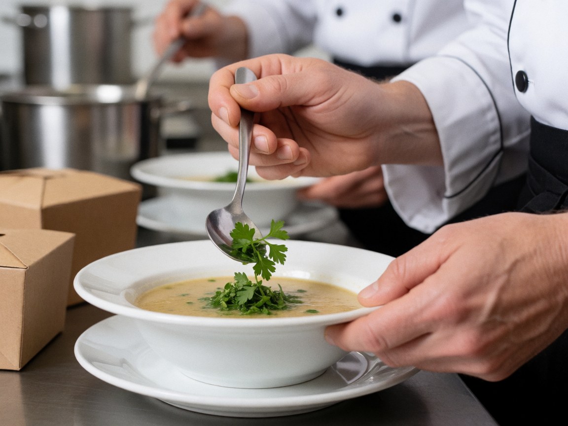Un chef professionnel décore une soupe avec des herbes fraîches sur une assiette blanche, dans une cuisine équipée.